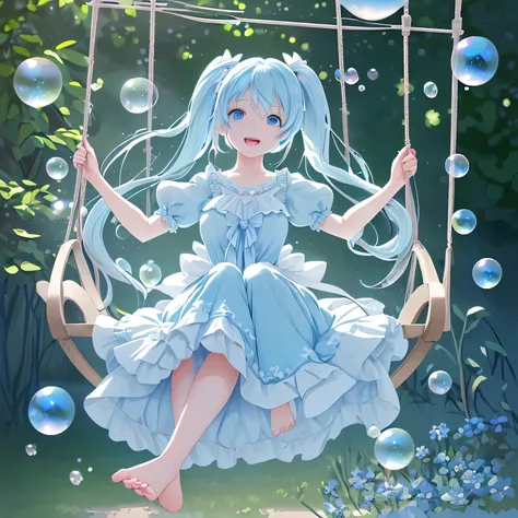 im sitting on a swing, many soap bubbles flying around me, long light blue hair, twin tails, sparkling blue eyes, (a masterpiece, top quality, super detailed, illustration, very delicate and beautiful ), cinematic shadows, upper body, open mouth, dynamic p...