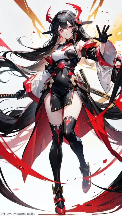 Anime girl, full body, very long hair, half white and half black hair, right eye color black, left eye color golden, black and red dress, mecha, sakura haruka, long katana 