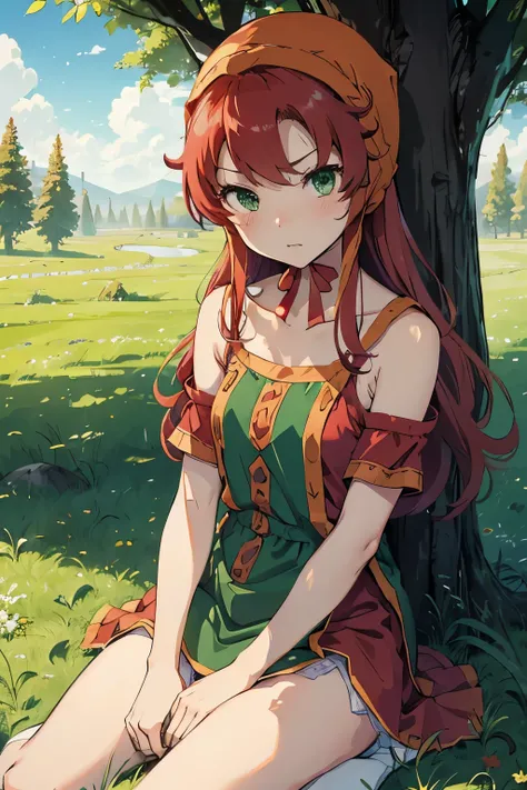 High resolution、highest quality、Small stature、Small shoulders、White skin、long hair、slender、maribel、 red hair、hood, (green dress)、Green Mini Dress、Big slit、blush、Thin thighs、Panty shot、(White panties)、Daytime Grassland、Crouching