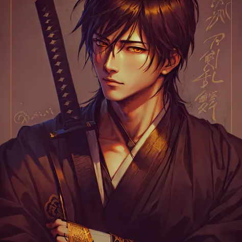 Drawing of a man with a sword in his hand, Hijikata Toshiro from Gintama, inspired by Okumura Masanobu, inspired by Sugimura Jihei, Kentaro Miura in manga style, manga style by Kentaro Miura, inspired by Ito Ogura Yonesuke. Dark colors. glowing golden eyes...