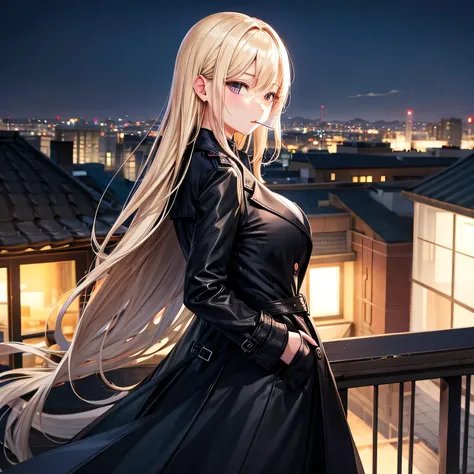 Wind、night、rooftop、Back view、Have a cigarette in your mouth、Hand pockets、Black trench coat、Blonde、Big Breasts、woman、whole body