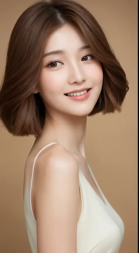 ((Best Quality, 8K, Masterpiece: 1.3)), 1 Girl, Slim Abs Beauty: 1.3, (Hairstyle Brown Hair Shortcut, Big: 1.2), Dress: 1.1, Super Slender Face, Delicate Eyes, Double Eyelids, Smile, Home, Raw Photo