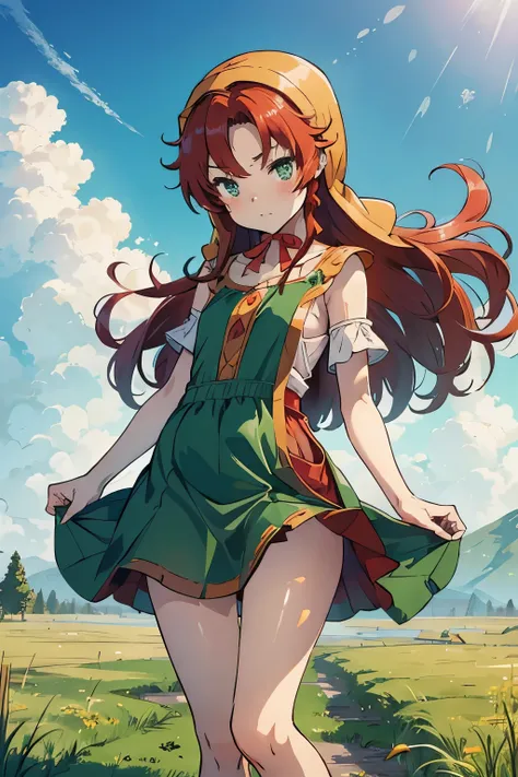High resolution、highest quality、Small stature、Small shoulders、White skin、long hair、slender、maribel、 red hair、hood, (green dress)、Green Mini Dress、Big slit、blush、Thin thighs、White panties、The strong wind is blowing up her skirt、Daytime Grassland