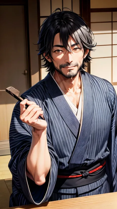 A 45 years old Japanese man who has a short stubble beard, indigo kimono ((without any stripes, decoration)), a black Japanese traditional style cardigan, gray very short shaggy hair , black fedora hat, calm and sharp gray eyes, fearless smile, reaching ou...