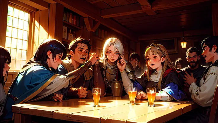 masterpiece, Best quality, A group of adventurers, celebrating in a medieval tavern, fantasy, medieval, beautiful detailed shine.((Best quality)), ((masterpiece)), (very detailed:1.3)3D,Tanjoreai