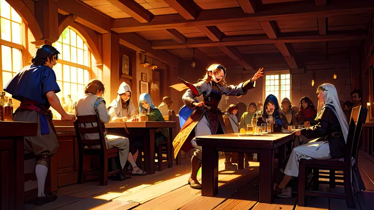 masterpiece, Best quality, A group of adventurers, celebrating in a medieval tavern, fantasy, medieval, beautiful detailed shine.((Best quality)), ((masterpiece)), (very detailed:1.3)3D,Tanjoreai