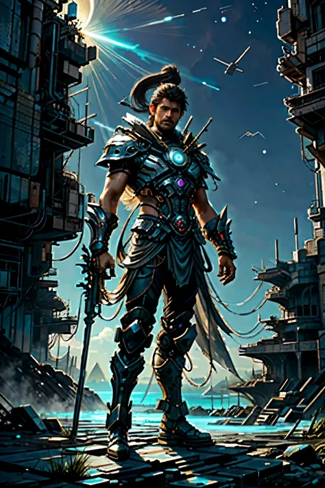 Show Prabhas, the Indian mythology superhero depicted as Kalki, standing boldly amidst a dystopian future world. Surrounding him are ruins of once magnificent structures, their forms distorted by the passage of time and the ravages of technology long gone ...