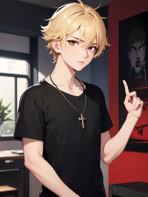 1boy,handsome,15 years old,Standing,half body photo,Perfect face, HD face, ultra detailed face, short hair, blonde hair, messy hair, bright red eyes, vampire, black t-shirt,black t-shirt,plain t-shirt,short sleeve t-shirt, black trousers, cross necklace,ul...