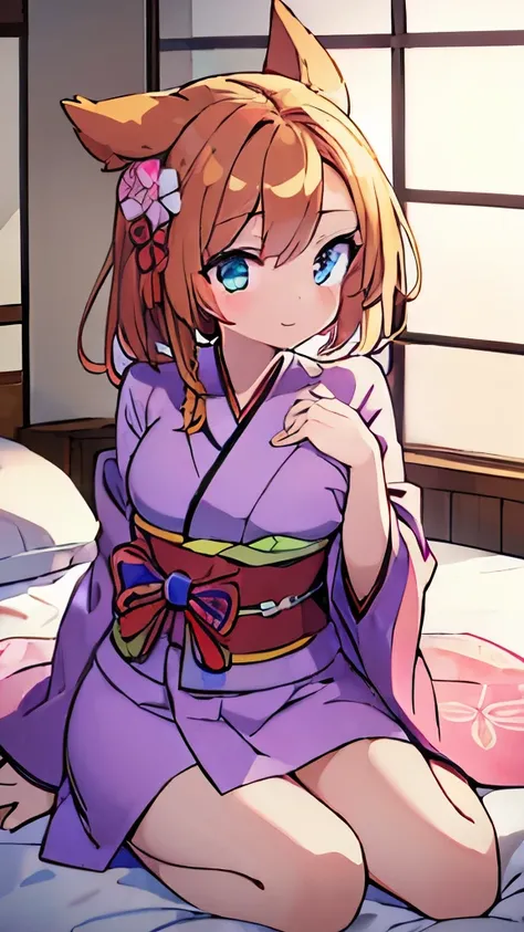 ((masterpiece)), ((best quality)), (ultra-detailed), anime style, on the bed, a cute girl, 1girl, solo, kimono, japanese cloth, ((beautiful eyes)), smile,