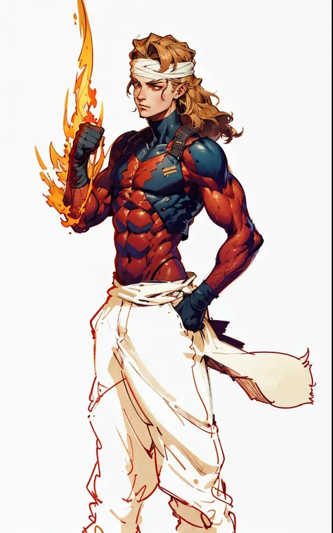 A young man with thick chestnut-brown long hair, a red headband adorned his forehead, devoid of eyebrows, triangular eyes, a square face, proud expression, robust and muscular physique, a fantasy-style tight-fitting open-chest vest, gloves, a ragged cloth ...