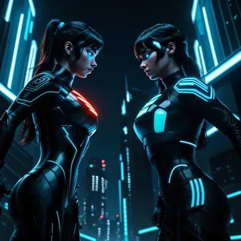 tron legacy girls,  girl vs girl, grid battle, power pose, blue vs orange, neon lights , dark lighting, dystopian setting, photo...