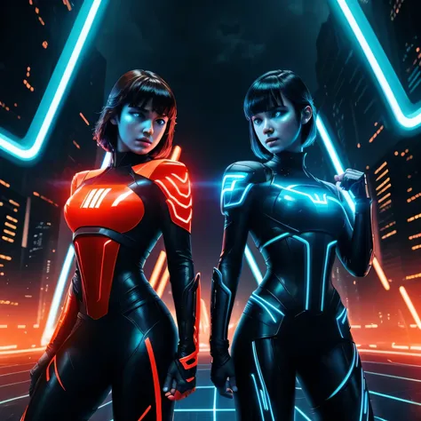 tron legacy girls,  girl vs girl, grid battle, power pose, blue vs orange, neon lights , dark lighting, dystopian setting, photo...