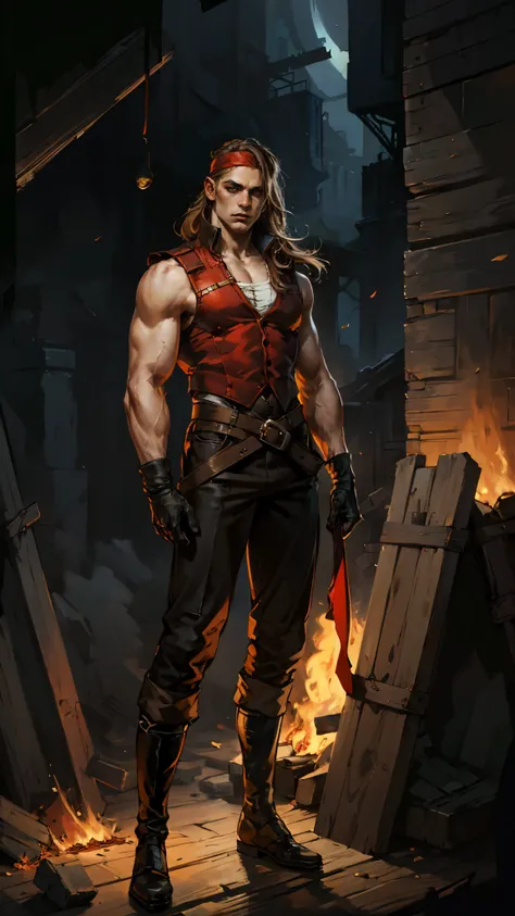 A young man with thick chestnut-brown long hair, a red headband adorned his forehead, devoid of eyebrows, triangular eyes, a square face, proud expression, robust and muscular physique, a fantasy-style tight-fitting open-chest vest, gloves, a ragged cloth ...