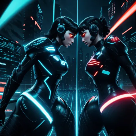 tron legacy girls,  girl vs girl, grid battle, power pose, blue vs orange, neon lights , dark lighting, dystopian setting, photo...