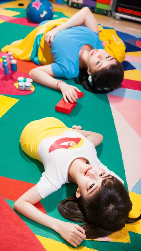 A girl lying down in a game room playing games. The overall illustration is colorful and pop.