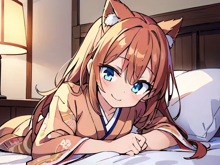 ((masterpiece)), ((best quality)), (ultra-detailed), anime style, on the bed, a cute girl, 1girl, solo, kimono, japanese cloth, ((beautiful eyes)), smile,