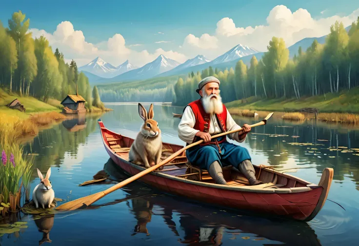 Floating, an image in the style of an illustration for a childrens magazine, a boat is floating on the lake, a Slavic bearded man of 70 years old in a boat in simple Russian peasant clothes is rowing with oars, 5 hares are sitting in the boat and looking a...