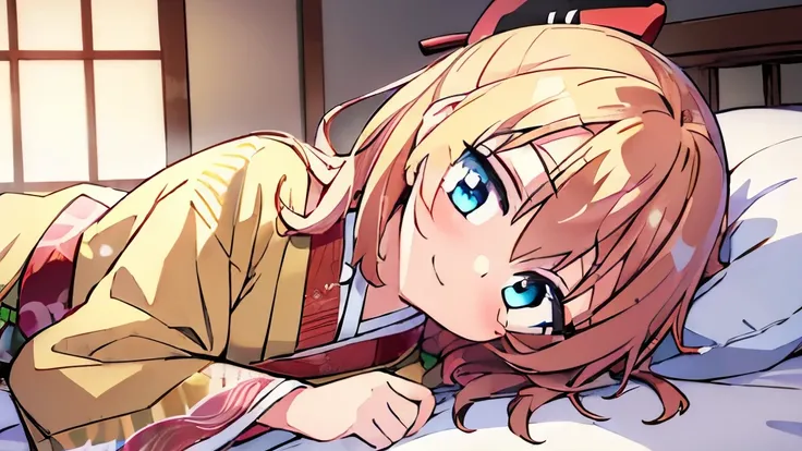 ((masterpiece)), ((best quality)), (ultra-detailed), anime style, on the bed, a cute girl, 1girl, solo, kimono, japanese cloth, ((beautiful eyes)), smile,