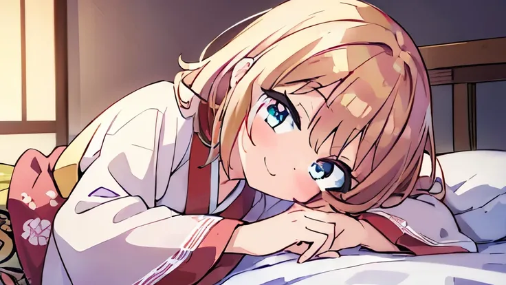 ((masterpiece)), ((best quality)), (ultra-detailed), anime style, on the bed, a cute girl, 1girl, solo, kimono, japanese cloth, ((beautiful eyes)), smile,