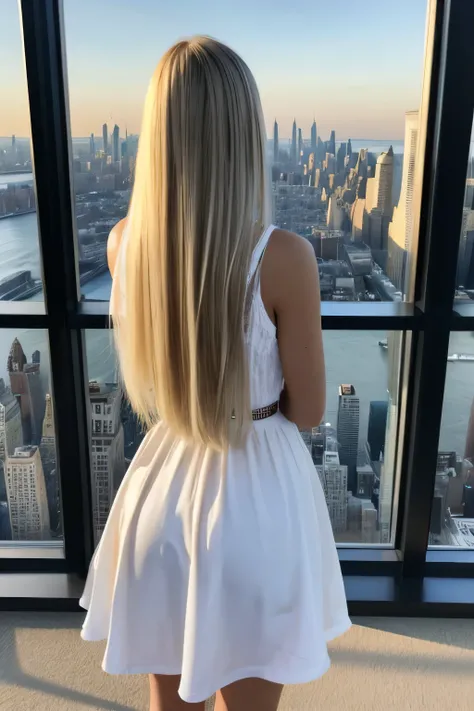 1girl in, age19, Allein, lange Haare, Kolossal , Betrachter betrachten, blondes Haar, nackten Schultern, braune Augen, Juwelier, Full body, eine Halskette, schulterfrei,, realistisch, Eine sexy,sonnenuntergang,beautiful,city in the background,new york city