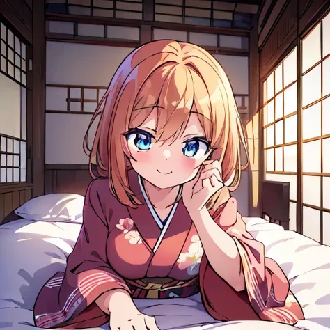 ((masterpiece)), ((best quality)), (ultra-detailed), anime style, on the bed, a cute girl, 1girl, solo, kimono, japanese cloth, ((beautiful eyes)), smile,