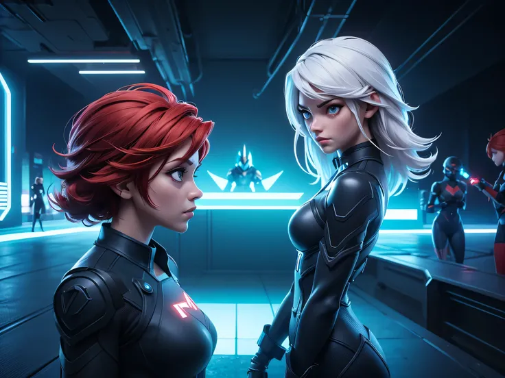  Tron legacy girls, red haired girl vs white haired girl, grid battle, power pose, blue and white neon lights , dark lighting, dystopian setting, photorealistic, ultra high quality, depth of field, areal view, (tron battle grid), sfw