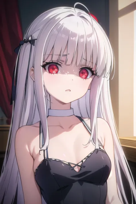 masterpiece, best quality, ultra-high-detailed, disgusted face, white hair, red eyes, sigtuna julie , small breast, looking down on you, navel , makeup, eyeshadow , Gothic, Black dress, bare shoulder 