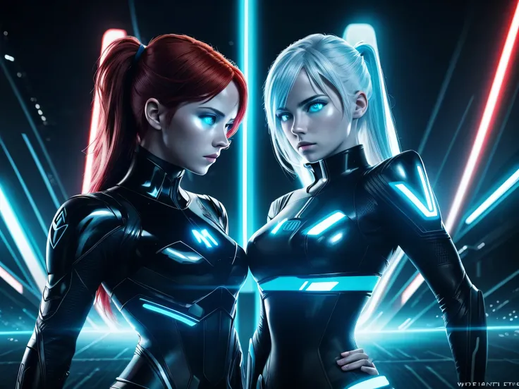 tron legacy girls, red haired girl vs white haired girl, grid battle, power pose, blue and white neon lights , dark lighting, dy...