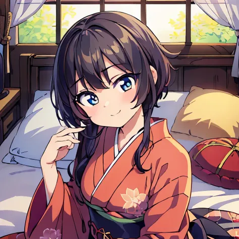 ((masterpiece)), ((best quality)), (ultra-detailed), anime style, on the bed, a cute girl, 1girl, solo, kimono, japanese cloth, ((beautiful eyes)), smile, beautiful black hair