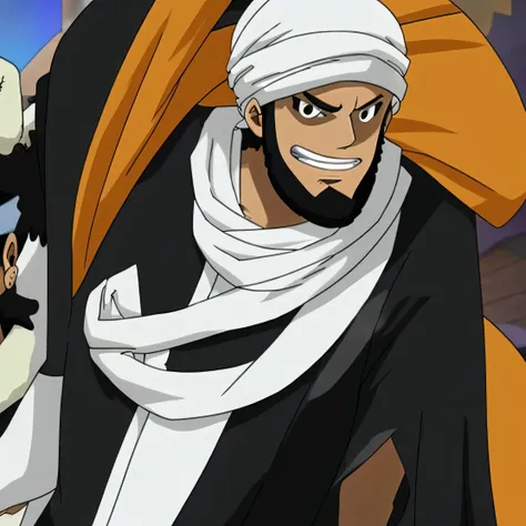 Crie dois personagem negro de barba curta, with a white turban on his head, o personagem tem que ser negro as roupas dele tem que ser brancas, 