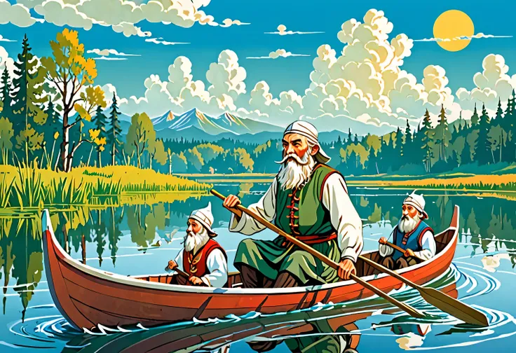 Floating, an image in the style of an illustration for a childrens magazine, a boat is floating on the lake, a Slavic bearded man of 70 years old in a boat in simple Russian peasant clothes is rowing with oars, 5 hares are sitting in the boat and looking a...