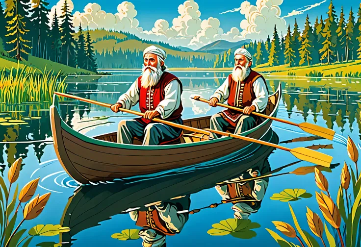 Floating, an image in the style of an illustration for a childrens magazine, a boat is floating on the lake, a Slavic bearded man of 70 years old in a boat in simple Russian peasant clothes is rowing with oars, 5 hares are sitting in the boat and looking a...