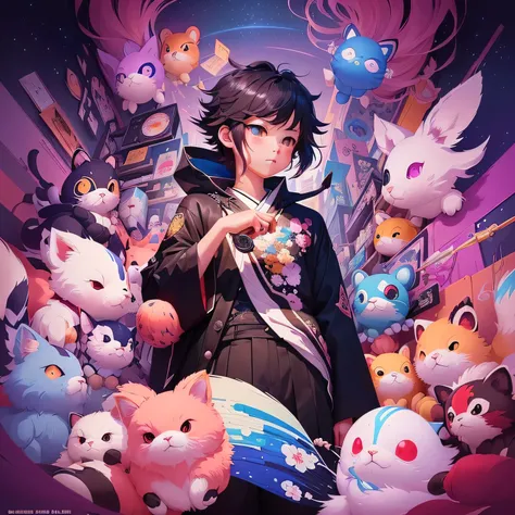 The painting shows a boy holding a scale in front of a pile of stuffed animals, Artwork in the style of Guweiz, Japanese pop surrealism, Soft anime illustration, Japanese pop surrealism, beeple 和 jeremiah ketner, Fantasy psychedelic anime, guweiz, The digi...