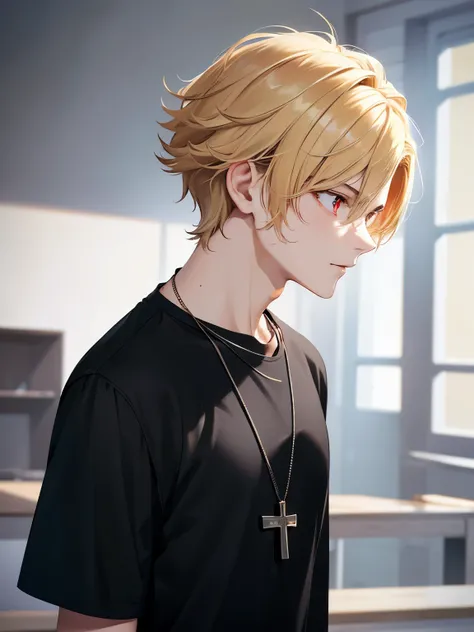 1boy,handsome,20 years old,Standing, facing right, looking away, camera angle from the side, photo from the side,half body photo,Perfect face, HD face, ultra detailed face, short hair, blonde hair, messy hair, bright red eyes, vampire, black t-shirt, black...