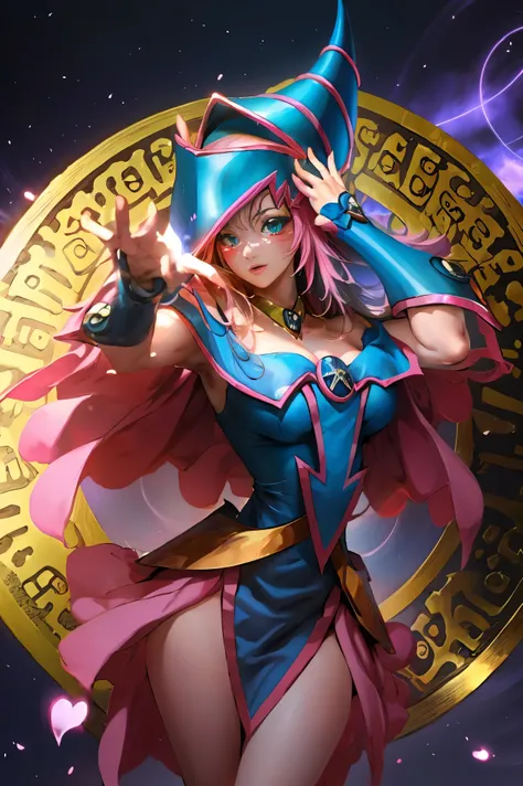 Dark magician gils vestida como la diosa arena de Saint Seiya. Vestido blanco, ajustado, blanco. Cabello rubio. Ojos azules. Labios rojos. Cuerpo completo. Fondo de Athena. Pose sensual y inocente. Magic circle around you. Magic of the heart in the air. 