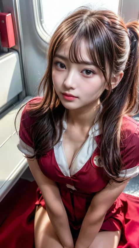 ((Sichuan Airlines uniform)), In-flight, whole body, Beauty, Baby Face, (Small and delicate), (outstanding style), ((Beautiful breasts)), Cleavage, (Detailed limbs), (Perfect Anatomy), Bun Hair, Kneeling, look up, (Lip gloss on lips:1.3), (high nose:1.3), ...