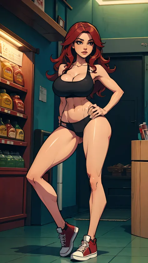 1 woman, wavy red hair, sly face , black tank top, black panties , abdomen, big breasts , Long legs , hands on hips... , canvas shoes , convenience store