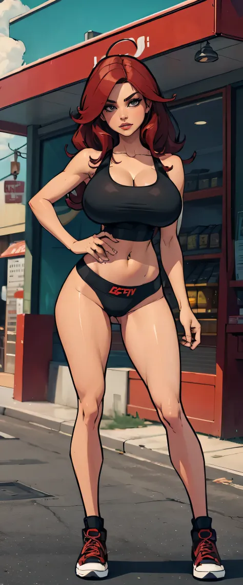 1 woman, wavy red hair, sly face , black tank top, black panties , big breasts , Long legs , stand on your hips... , canvas shoes , convenience store