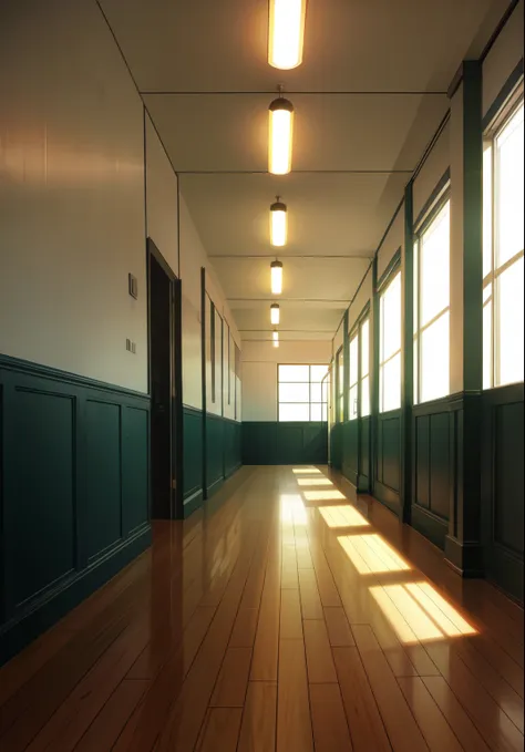 deserted school corridor, side view, fresh renovation, many portraits on the wall, light parquet