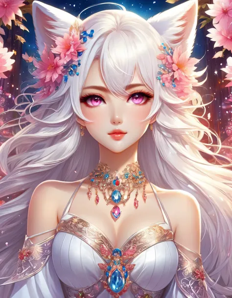 kyoto animation stylized anime ~ a gorgeous flowing white hair, fox ears, stylish, pink eyes, fiery flowers background, beautifu...