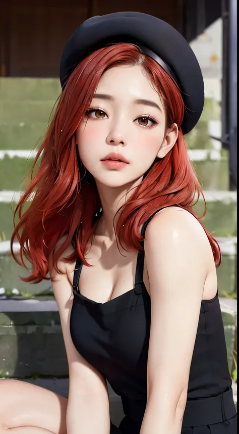 (Best quality), (Masterpiece), Photography, Realistic, (1girl), perfect body, beret, autumn, sitting at the stair, outdoor, city background, sunny day, windy, absurdres, 1girl, star eye, blush, (realistic:1.5), (masterpiece, Extremely detailed CG unity 8k ...