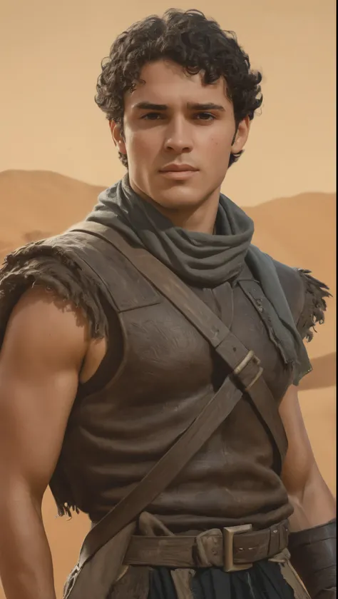 An illustrated movie poster, hand-drawn, full color, a male ranger, 28 years-old, resembles Gavin Leatherwood, wearing a leather cuirass and a shemagh scarf, sun-tanned skin, stocky physique, deep brown eyes, wide bulbous nose, black hair, curly hair, thic...