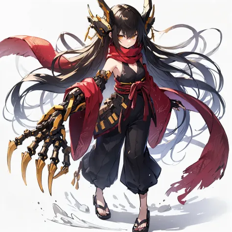 (Masterpiece, top quality), (detailed hair), super detailed, anime style, full body, solo, concept art, science fantasy fighter girl, neck-length black-yellow hair, gold eyes, right hand converted to cybernetic terrifying claw. cyber-kimono, and red muffle...