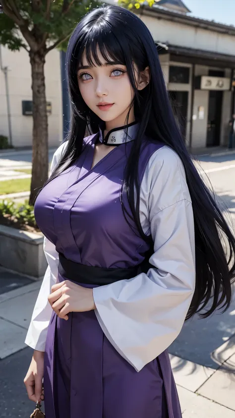 female hyuga hinata in anime naruto, long hair, dark blue hair, white eyes, smile, beautiful, purple clothes, big breast, realis...