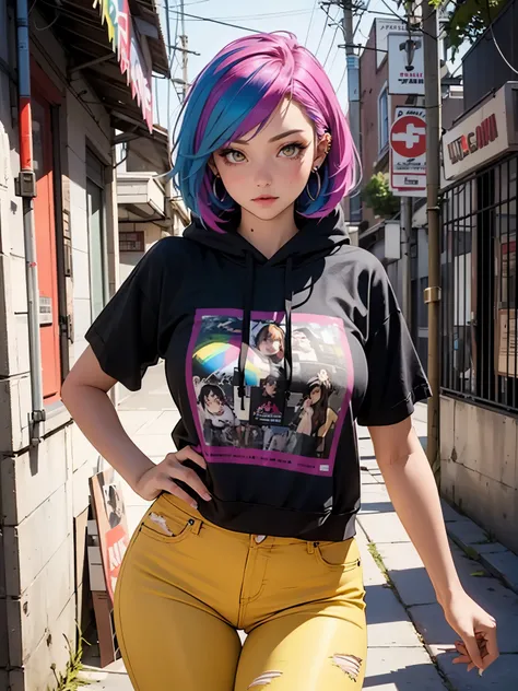 The most beautiful and gorgeous punk rock girl, rainbow colored hair, yellow eyes, wearing a hoodie graphic t-shirt and torn skinny jeans, curvy figure, and piercings, perfect masterpiece, high quality, high resolution, medium size breasts 