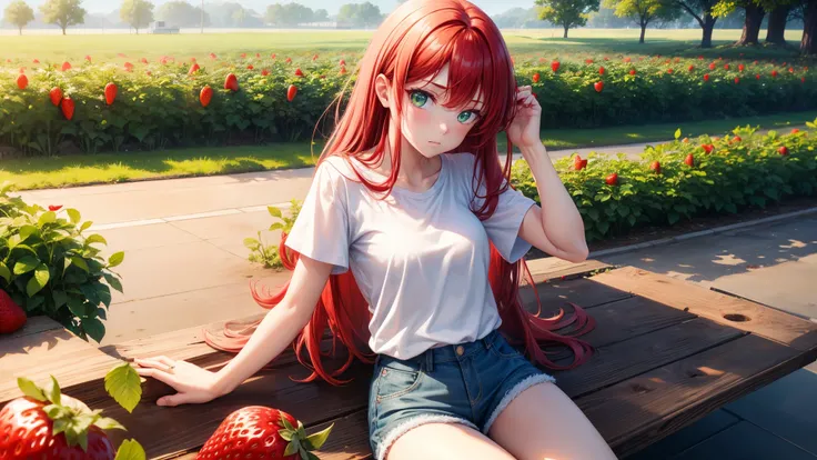 Best quality, ultra high resolution, 1 girl, Red hair, Green eyes, short and thin body, wearing a white shirt and shorts, ((shyexpression)), strawberry field