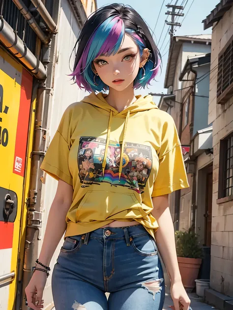 The most beautiful and gorgeous punk rock girl, rainbow colored hair, yellow eyes, wearing a hoodie graphic t-shirt and torn skinny jeans, curvy figure, and piercings, perfect masterpiece, high quality, high resolution, medium size breasts 