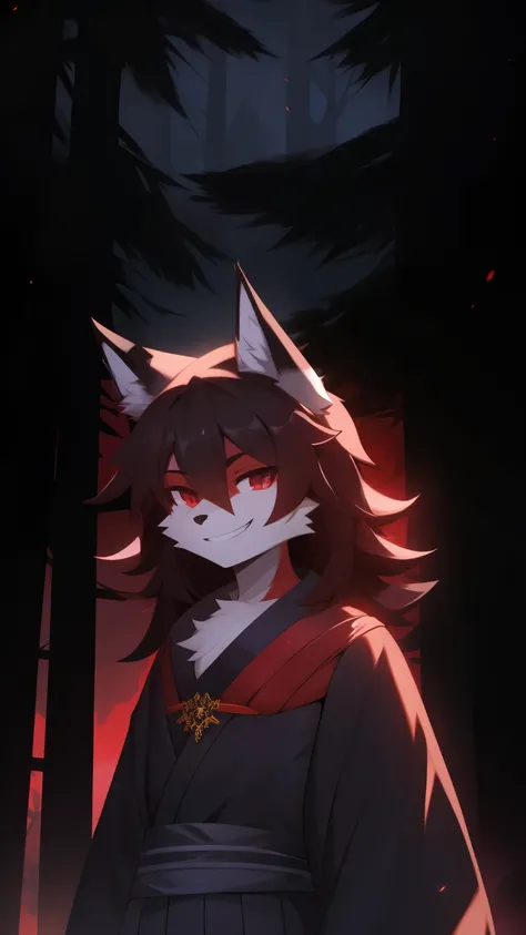 Best quality, super detailed illustration, purple and dark tones, grin, dark aura, black and red, Two tons, Dark shade, red tint, high contrast, dark lighting, offering a deal, Ideal lighting, (Fluffy fox boy:1.4),  red and black colors, feminine face and ...