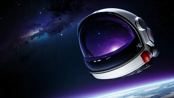 Generate an image featuring an astronaut floating in space, their helmet reflecting light and obscuring their face, with purple details. The astronaut is depicted in a weightless pose, surrounded by the vastness of space. The helmet reflects light in such ...