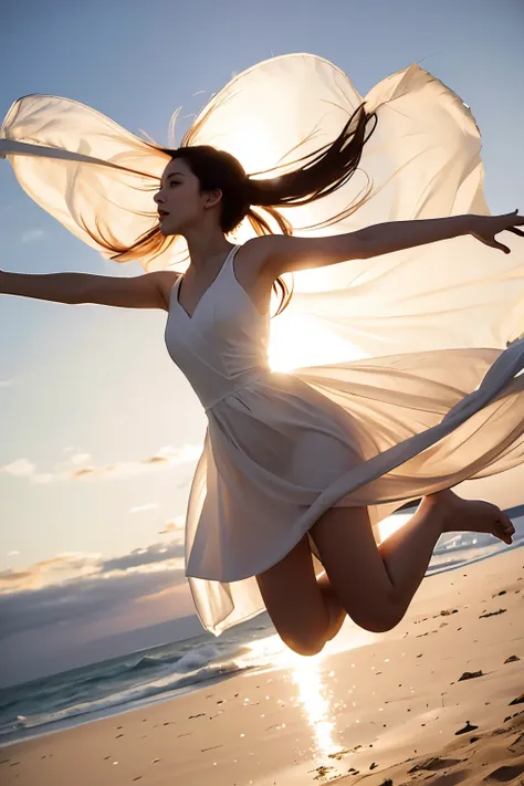 (masterpiece, best quality:1.2), 1girl, jumping, solo, delicate face, white-skinned female, see-through silhouette, white dress,...